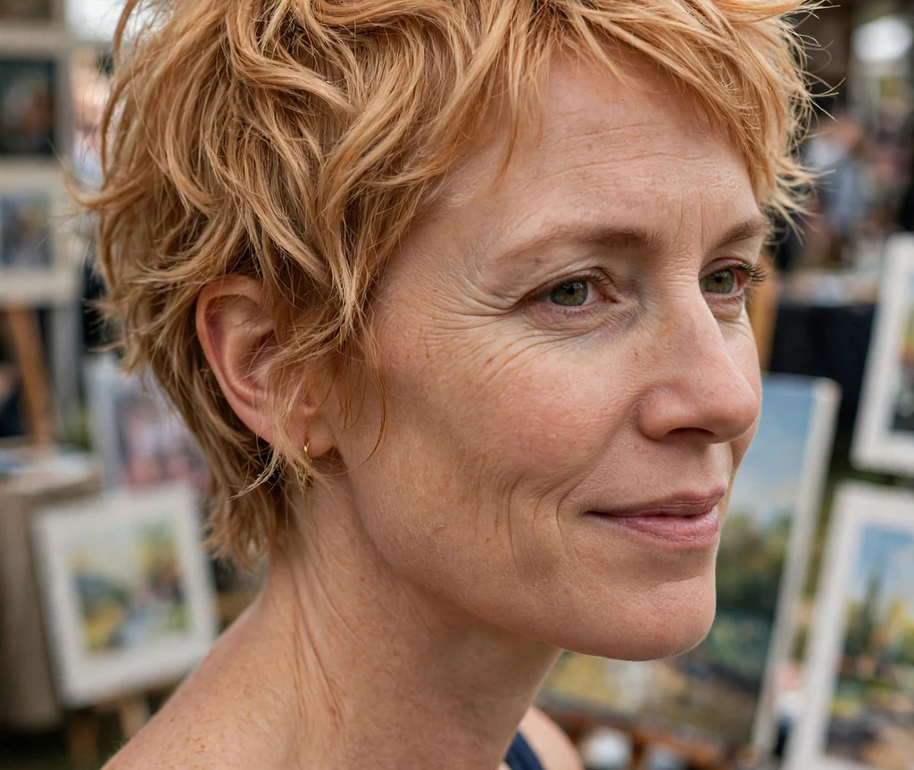 Artsy textured pixie on fine strawberry blonde hair, Caucasian woman in her late 30s, navy overalls, art fair