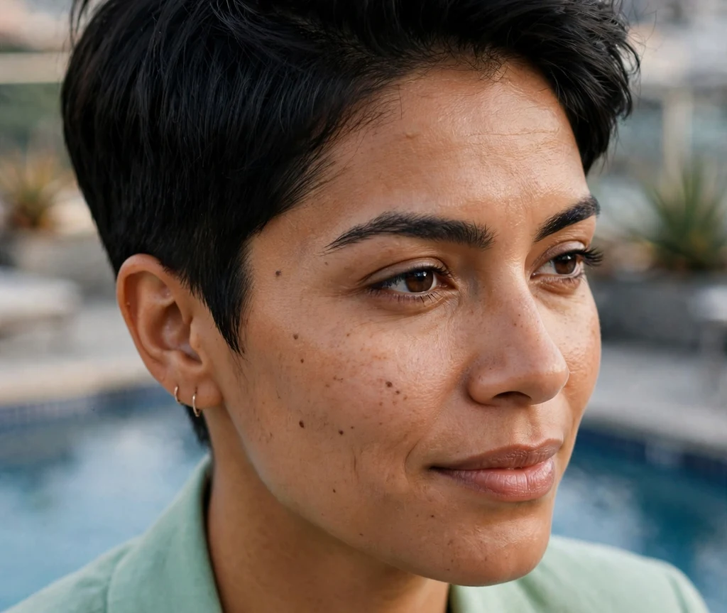 Skyline chic pixie on fine black hair, Latina woman in her late 20s, mint blazer, city rooftop pool
