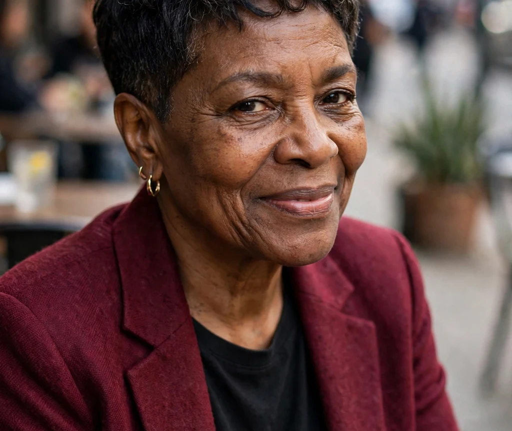 Classic tapered pixie with defined natural curls on top and closely tapered sides on a confident 52-year-old Black woman in a burgundy blazer at a sidewalk café