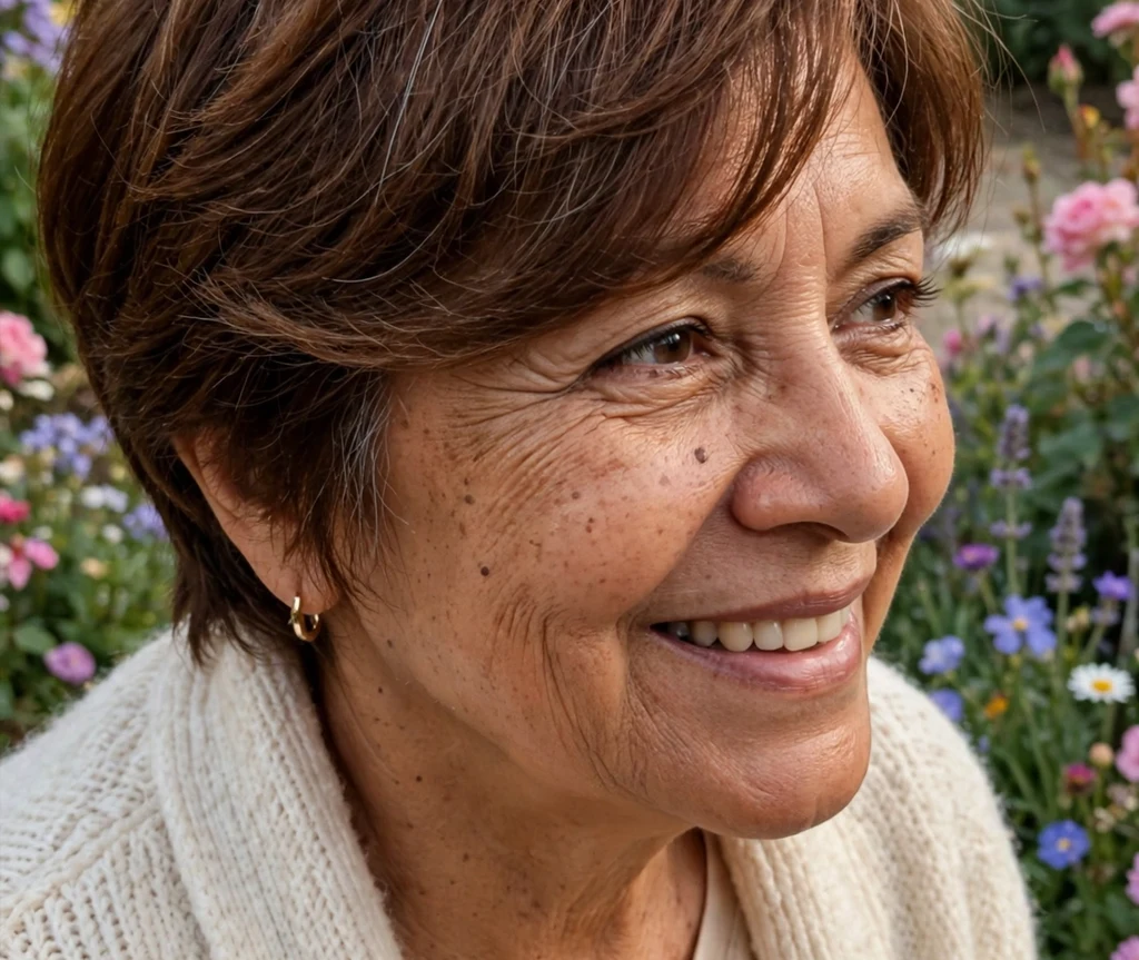 Soft layered warm-brown pixie with a long side-swept fringe on a 58-year-old Latina woman in a cream cardigan, flower garden