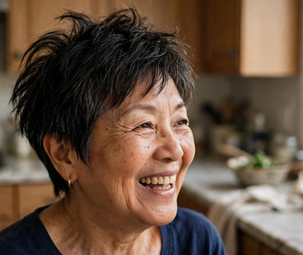 Textured tousled dark pixie with piece-y layers and crown lift on a cheerful 54-year-old East Asian woman in a navy top, home kitchen