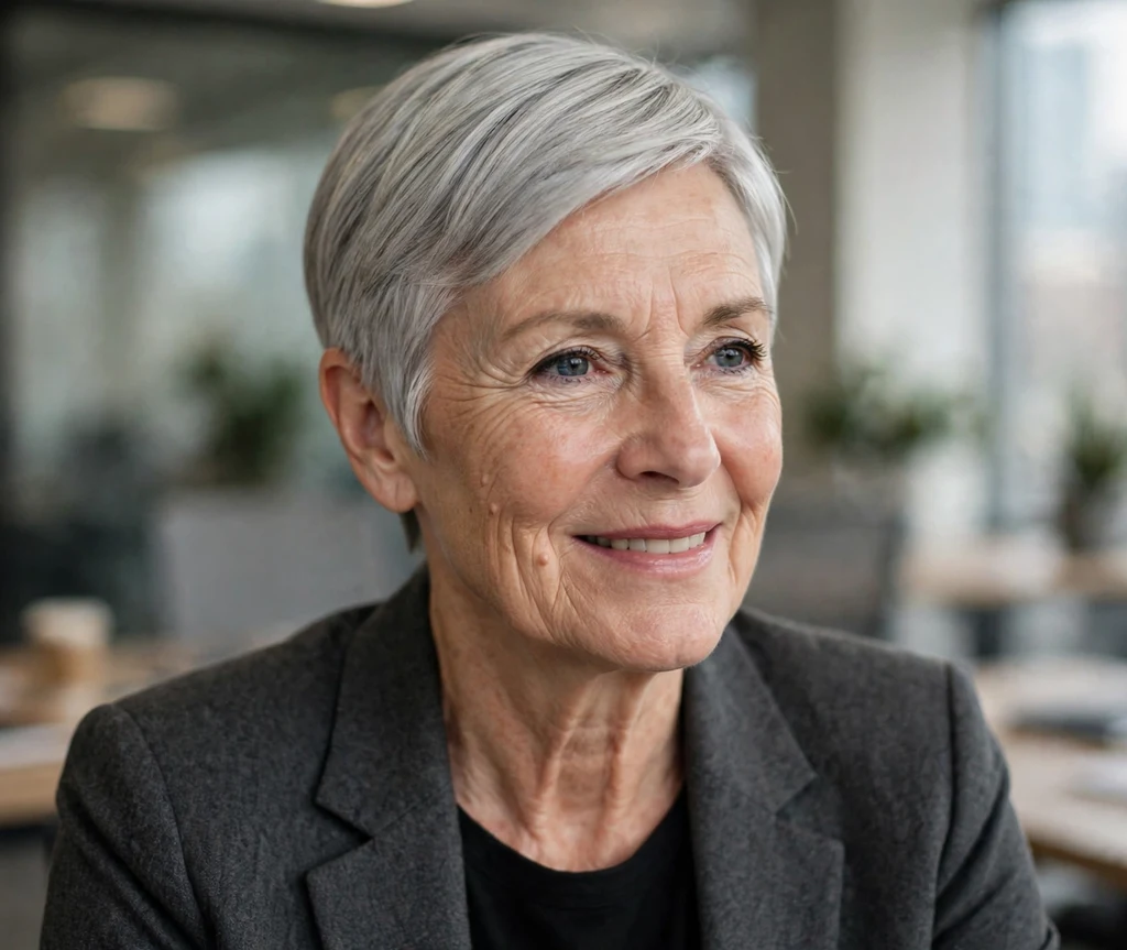 Sleek silver pixie with a sharp side part and smooth finish on a polished 59-year-old Caucasian woman in a charcoal blazer, modern office