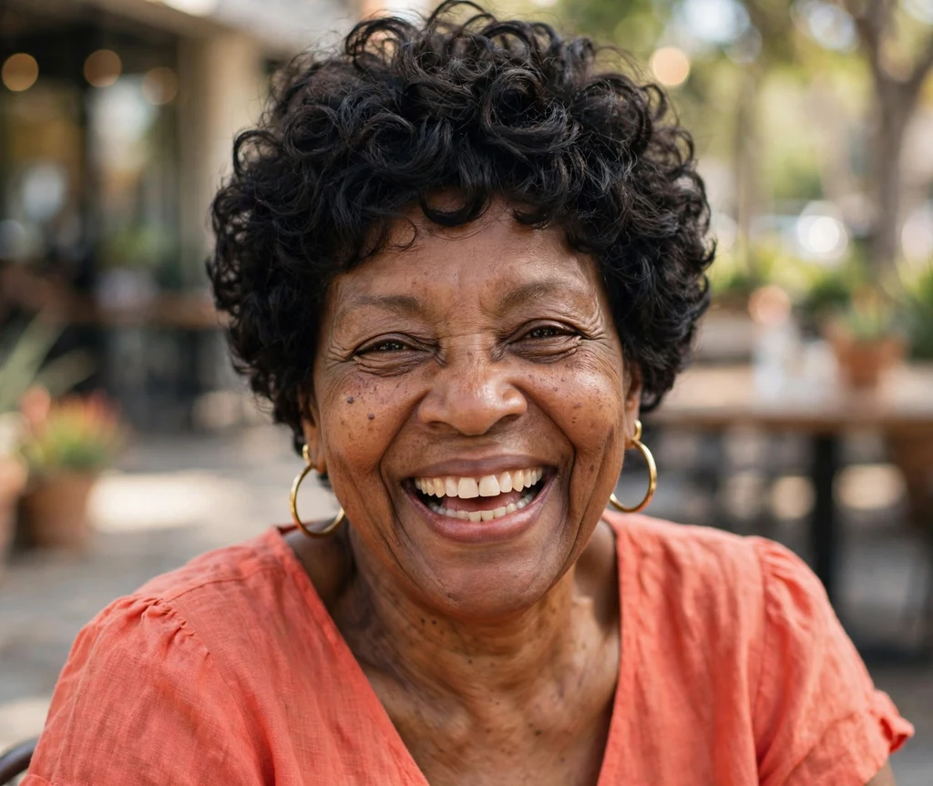 Voluminous curly pixie in a full rounded shape on a joyful 56-year-old Black woman with gold hoop earrings in a coral dress, sunny patio