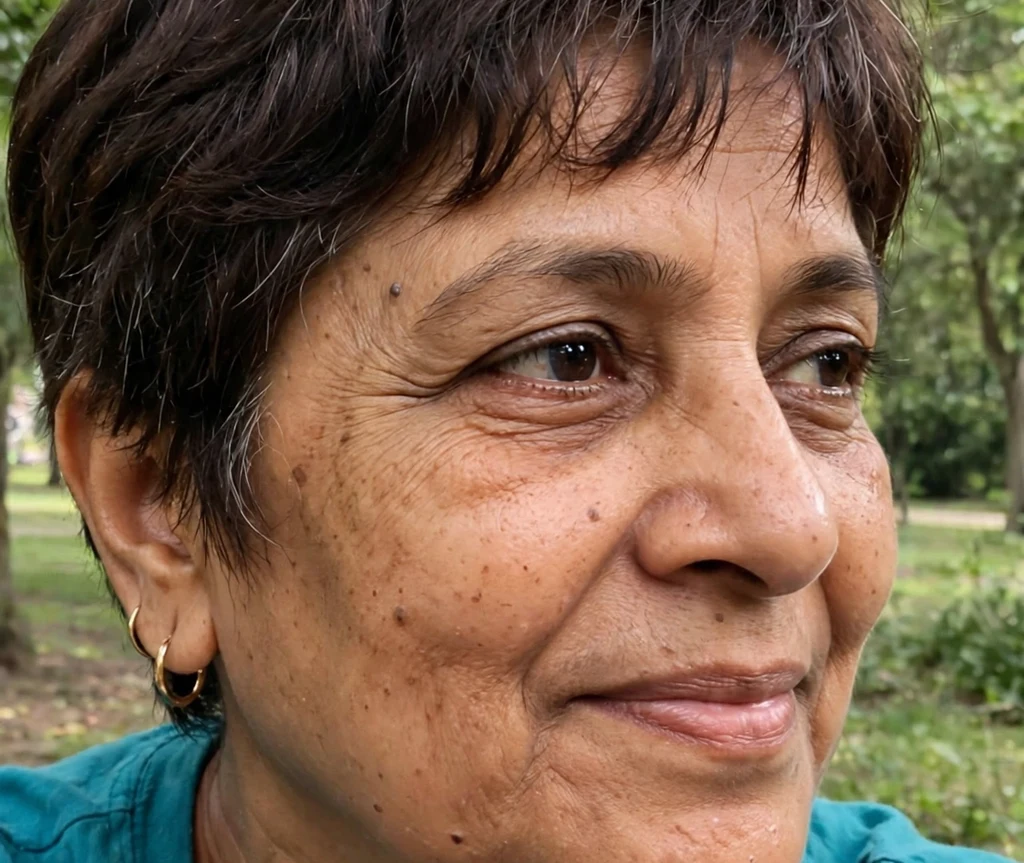Feathered dark-brown pixie with soft wispy bangs on a graceful 53-year-old South Asian woman in a teal top, leafy park