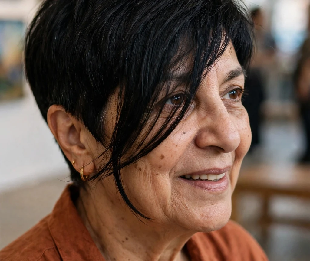 Asymmetrical black pixie with a longer sweeping fringe on one side on a striking 57-year-old Middle Eastern woman in a rust blouse, art gallery