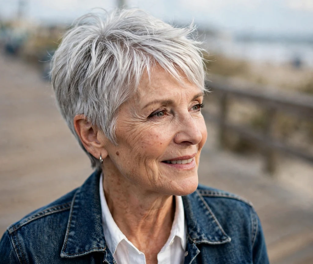 Full gleaming silver pixie with soft layers on an elegant 60-year-old Caucasian woman in a white shirt and denim jacket, beach boardwalk