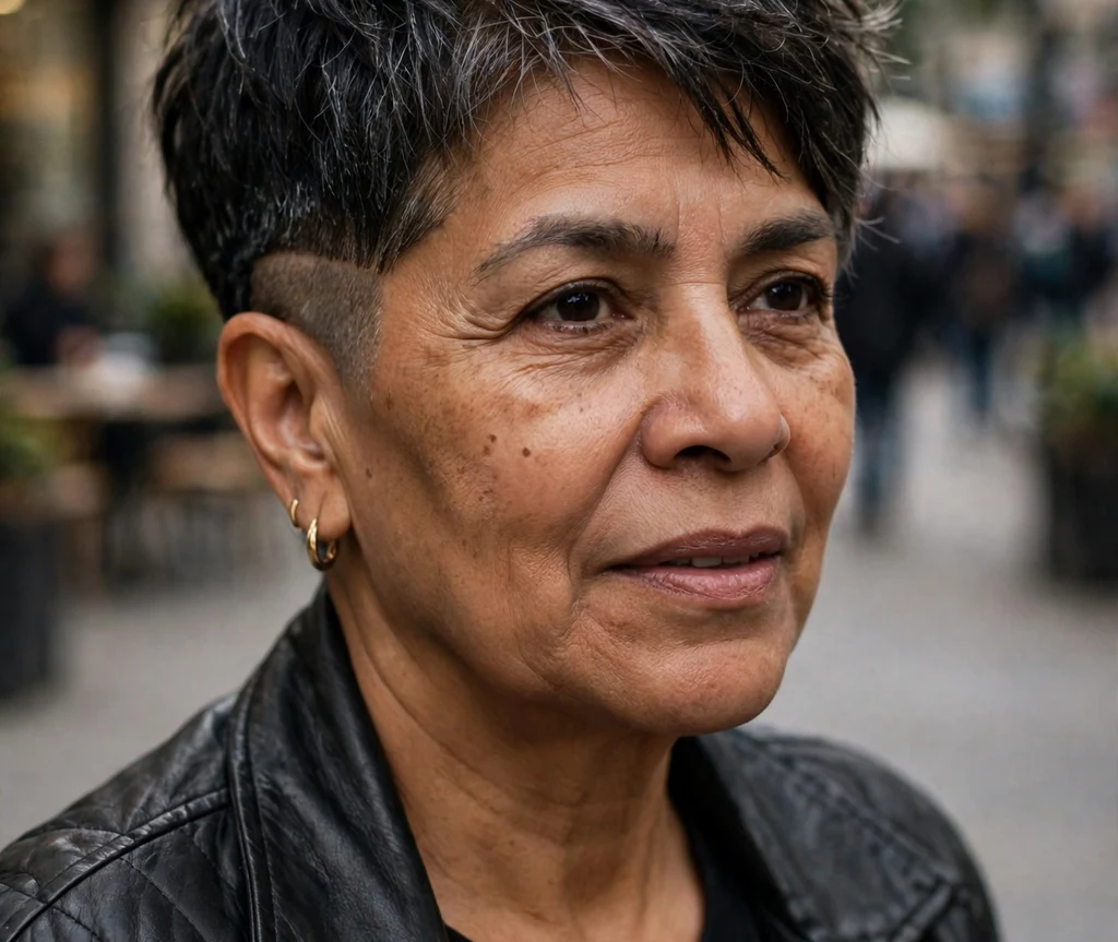 Pixie with a closely shaved nape and longer textured top on a bold 51-year-old Latina woman in a black leather jacket, city street