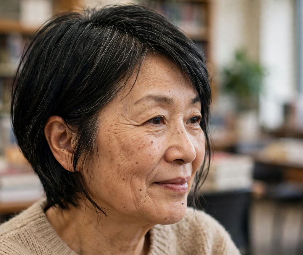 Chin-skimming long pixie bob with soft black layers tucked behind the ears on a refined 55-year-old East Asian woman in a beige sweater, library