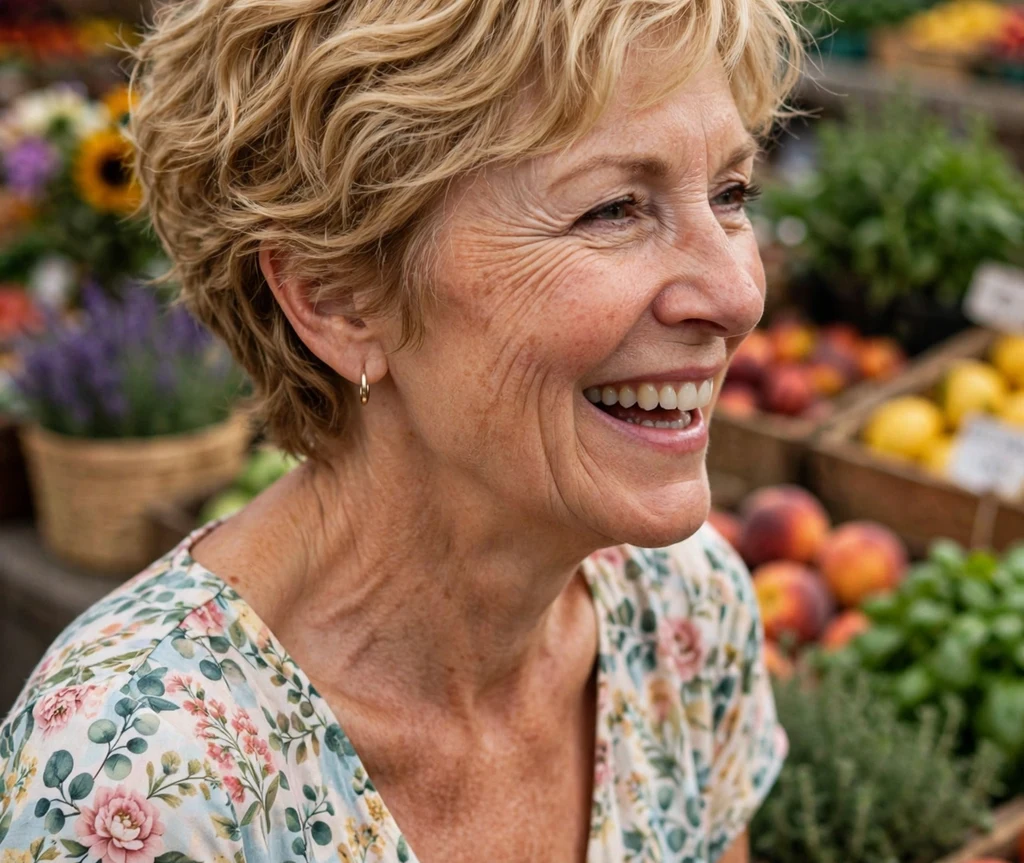 Wavy honey-blonde pixie with natural movement on a lively 52-year-old Caucasian woman in a floral summer dress, farmers market