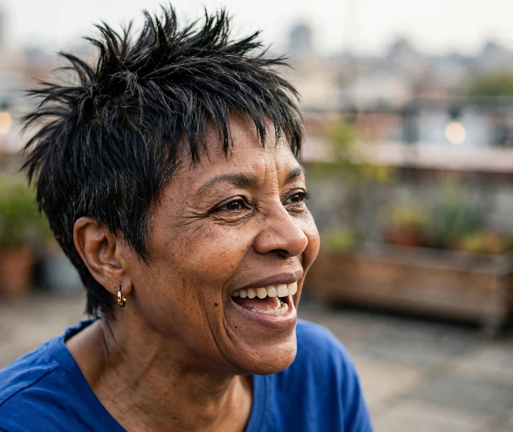 Short spiky pixie with defined texture and height on an energetic 58-year-old Black woman in a cobalt blue top, rooftop terrace