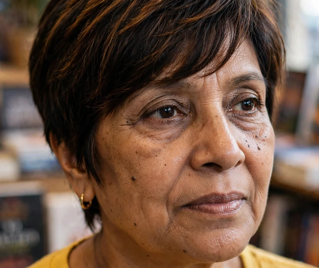 Pixie with a long sweeping fringe across the forehead, dark hair with warm tones, on a poised 54-year-old South Asian woman in a mustard top, bookstore