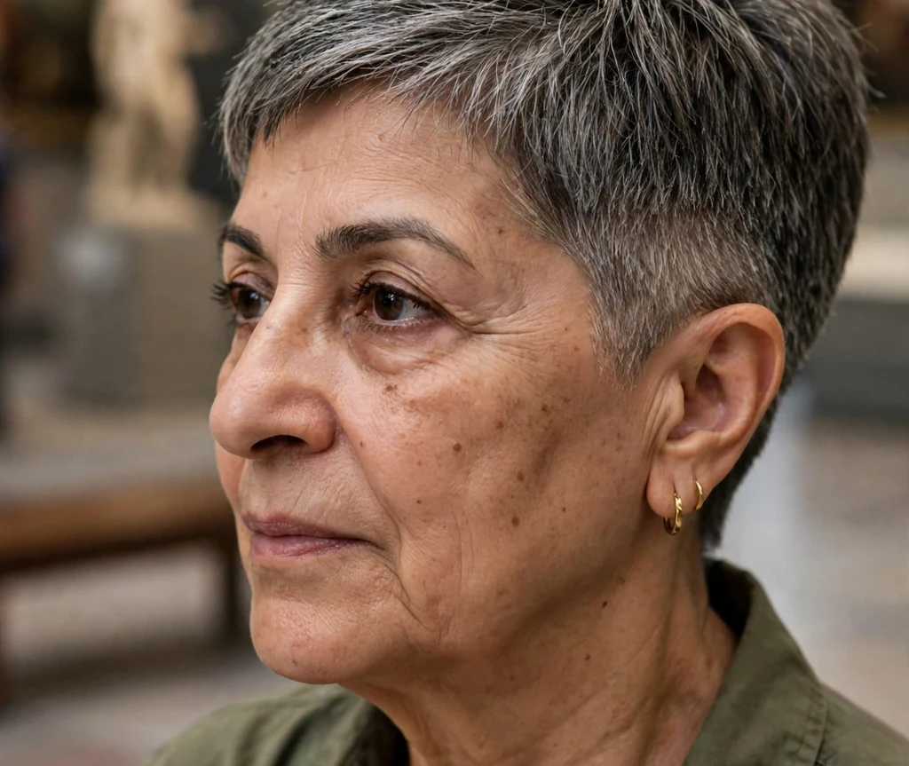 Tapered fade pixie in salt-and-pepper coloring on a sophisticated 56-year-old Middle Eastern woman in an olive shirt, museum hall