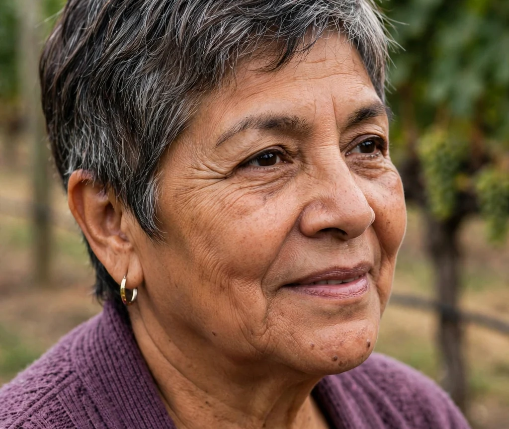 Salt-and-pepper pixie with a seamless gray and dark blend on a natural 59-year-old Latina woman in a plum cardigan, vineyard