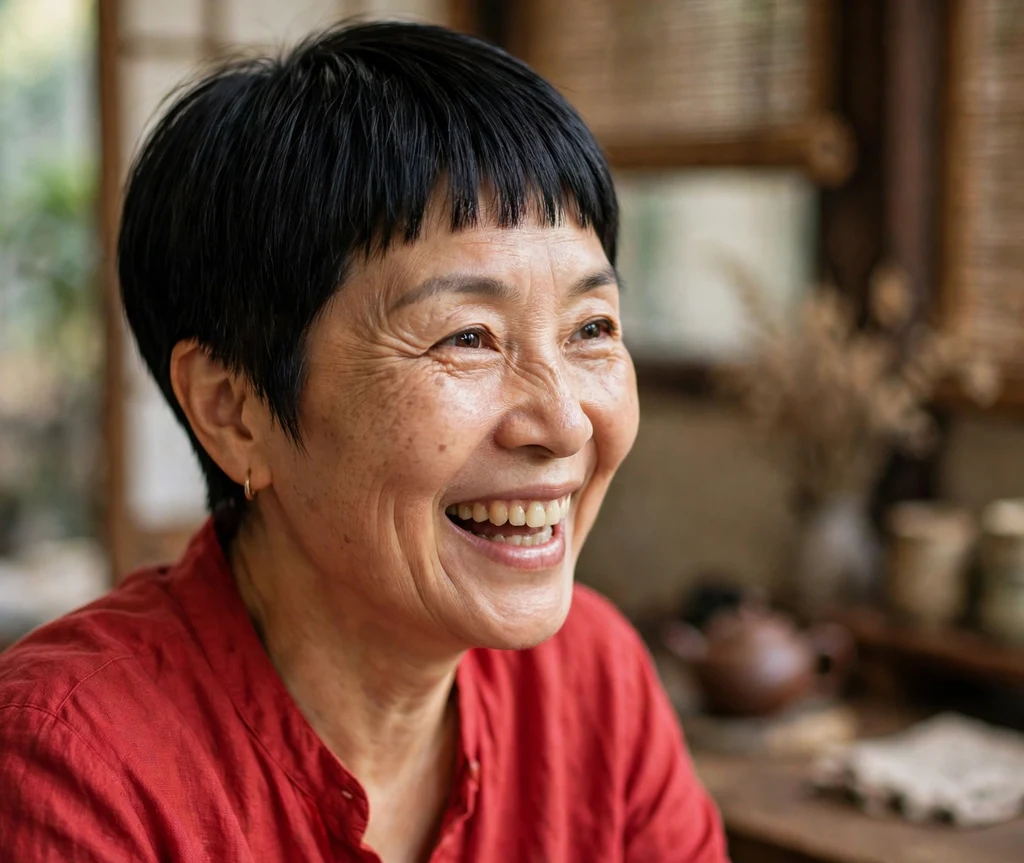 Pixie with short straight baby bangs in jet-black hair on a playful 50-year-old East Asian woman in a red blouse, tea house