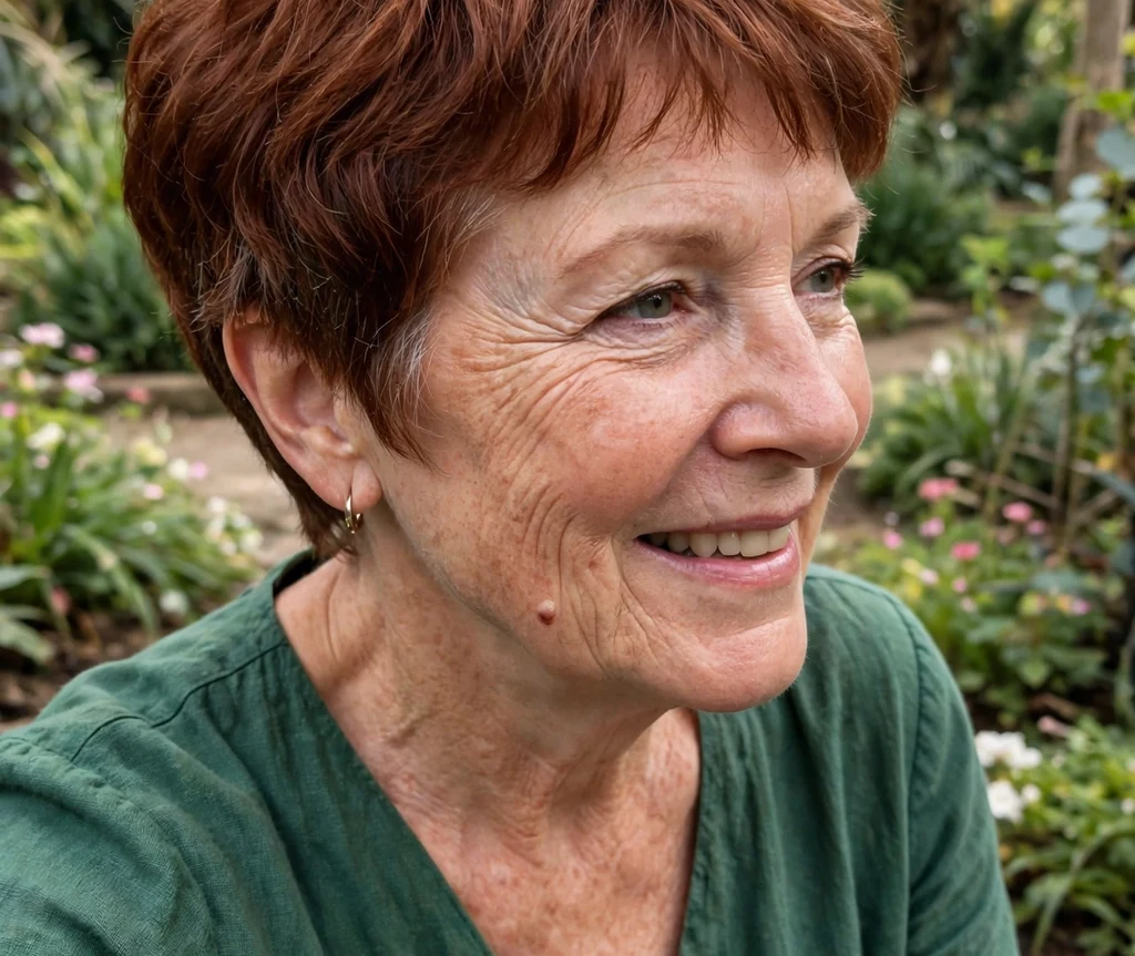 Rounded auburn pixie with full crown volume on a classic 57-year-old Caucasian woman in a forest-green dress, botanical garden