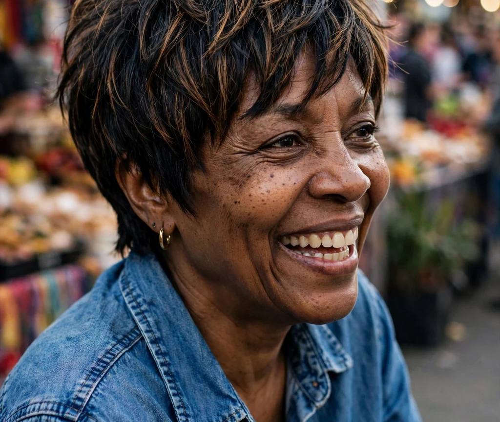Choppy layered pixie, dark hair with caramel pieces, on a spirited 53-year-old Black woman in a denim shirt, street fair