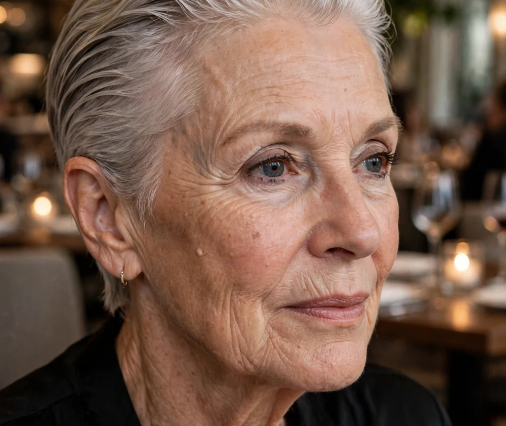 Elegant slicked-back silver pixie with a polished evening finish on a glamorous 61-year-old Caucasian woman in a black evening top, upscale restaurant