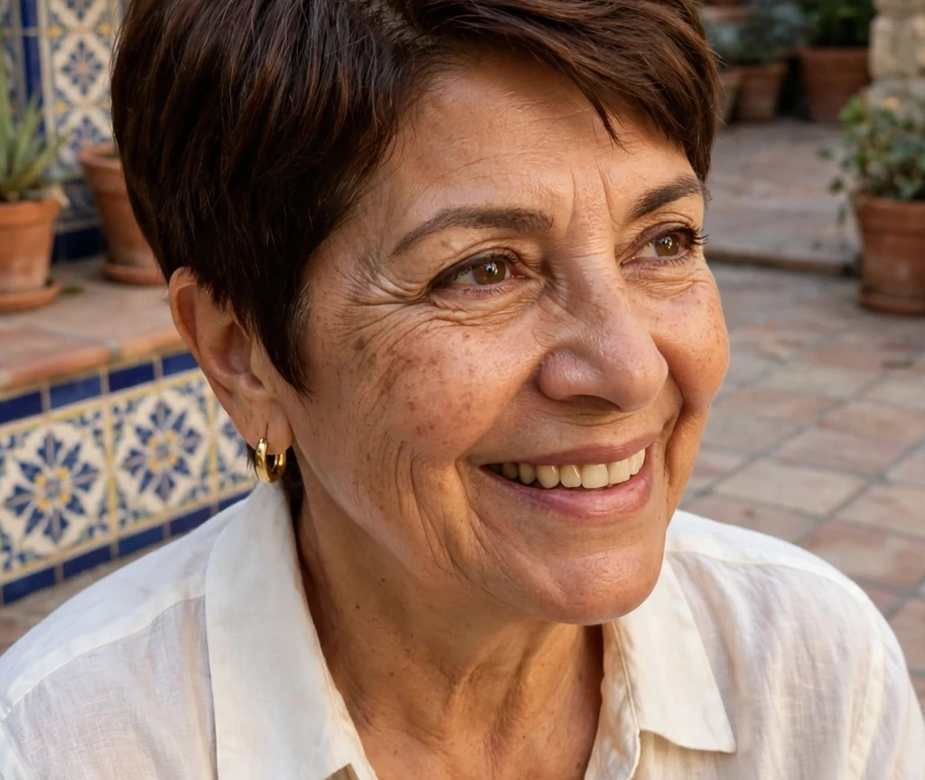 Chocolate-brown pixie with a deep side part on a classic 55-year-old Latina woman in an ivory blouse, tiled courtyard