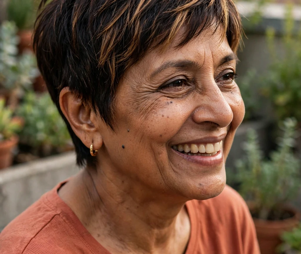 Short pixie with warm face-framing highlights on a radiant 52-year-old South Asian woman in a terracotta top, rooftop garden