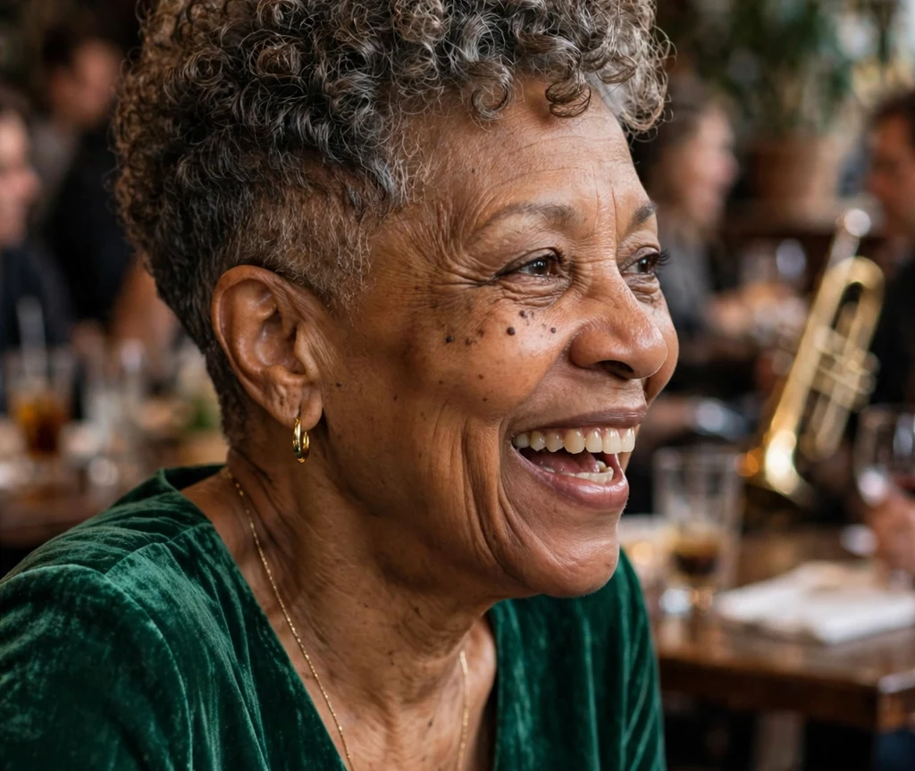 Curly tapered pixie with defined coils and tapered sides on a vibrant 58-year-old Black woman in an emerald dress, jazz club