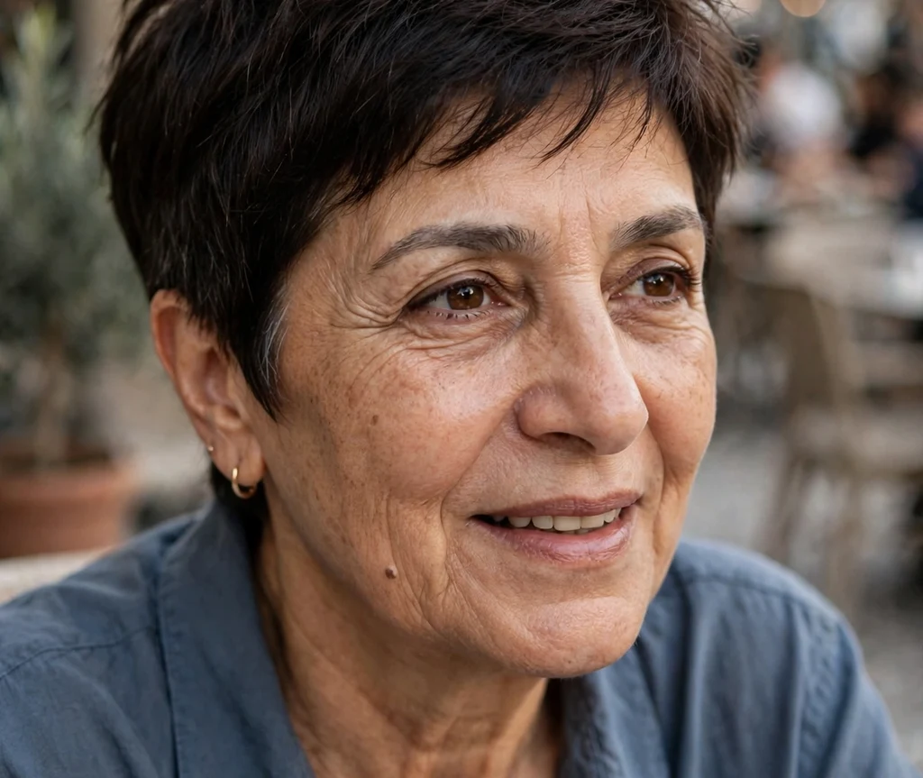 Dark brown pixie with a tousled textured top on a chic 54-year-old Middle Eastern woman in a slate-blue shirt, café terrace