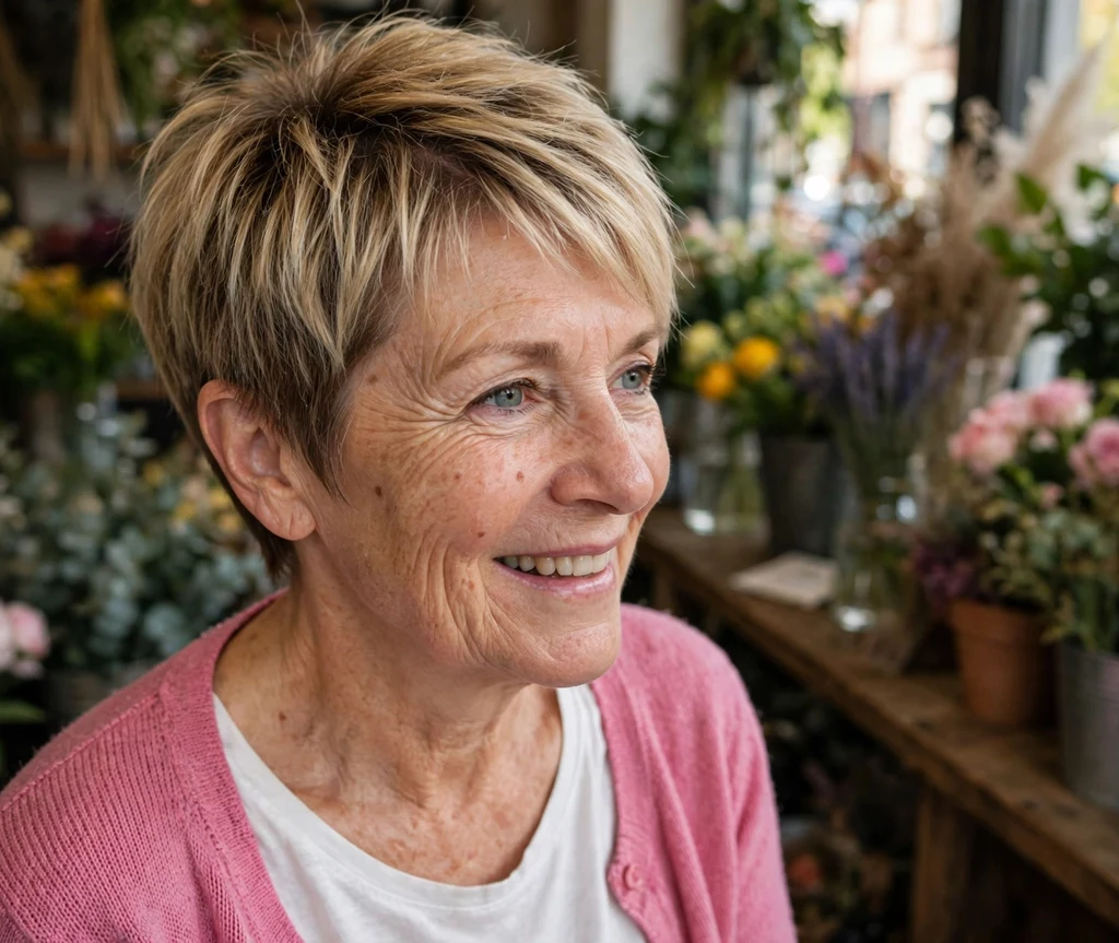 Balayage blonde pixie with dimension and soft darker roots on a fresh 56-year-old Caucasian woman in a pink cardigan, flower shop