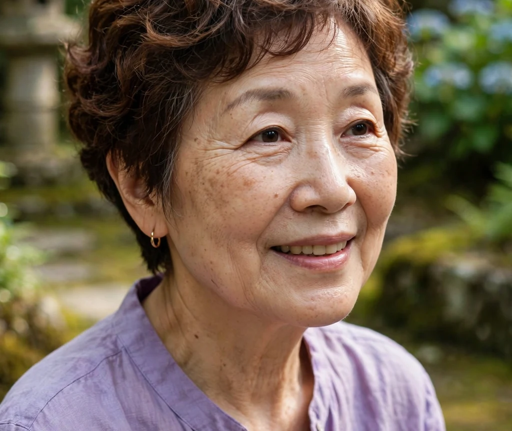 Short pixie with soft curls in chestnut coloring on a sweet 59-year-old East Asian woman in a lavender blouse, temple garden