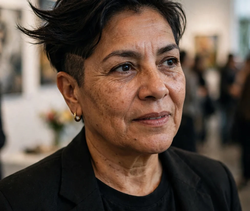 Edgy pixie with one shaved side and dark swept top on a fearless 51-year-old Latina woman in a black tee and tailored blazer, gallery opening