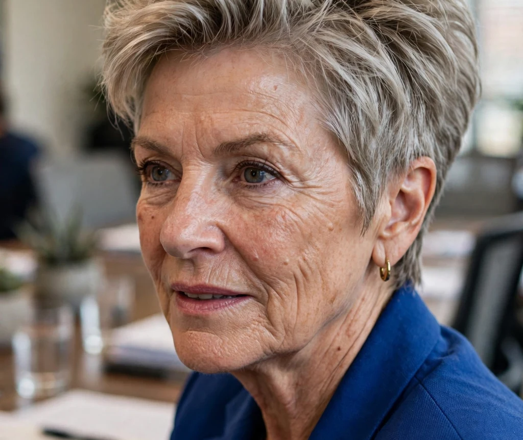 Pixie with dramatic volume on top in ash-blonde on a powerful 57-year-old Caucasian woman in a cobalt blazer, conference room