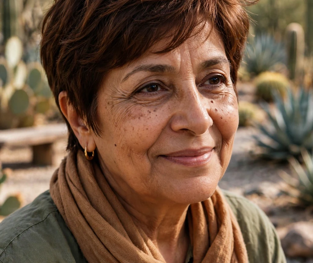 Rich warm-brunette pixie with soft layers on a warm 53-year-old Middle Eastern woman with a caramel scarf, desert botanical garden