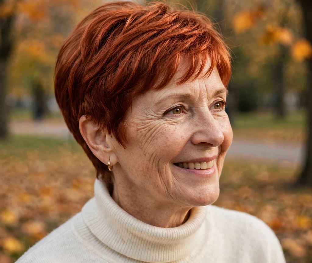 Copper-red pixie with shine and soft layers on a glowing 55-year-old Caucasian woman in a cream turtleneck, autumn park