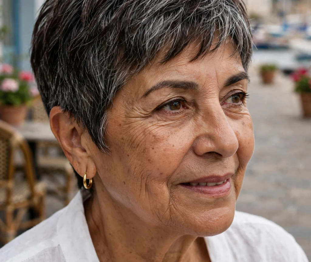 Pixie with expertly blended silver and dark tones on a graceful 62-year-old Latina woman in a white linen top, coastal town street