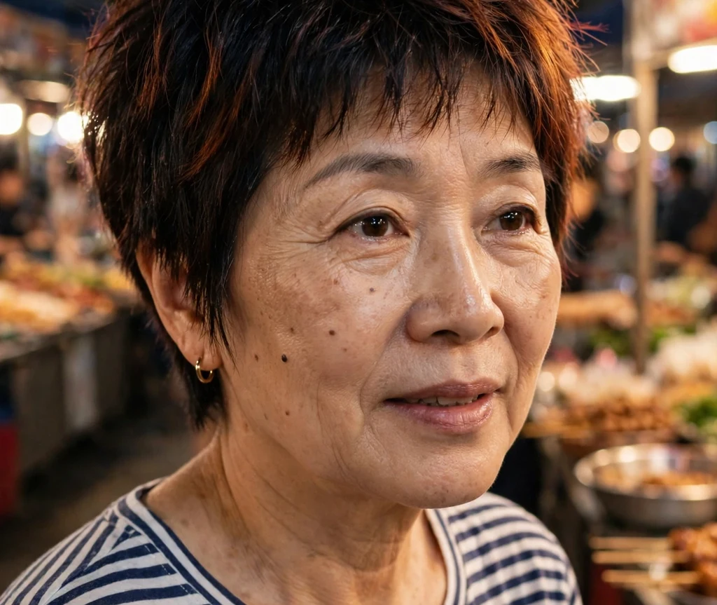 Piece-y textured pixie, dark hair with auburn tips, on a modern 52-year-old East Asian woman in a striped top, night market
