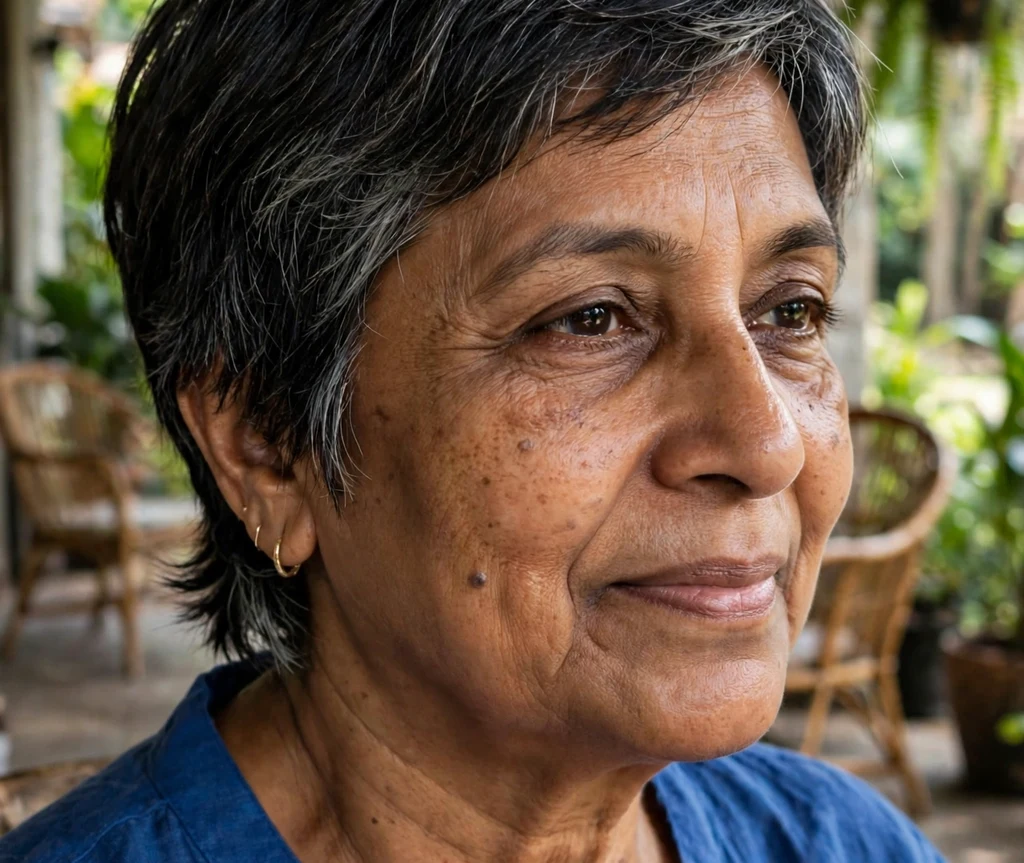 Pixie with a soft feathered nape, silver-streaked dark hair, on an elegant 58-year-old South Asian woman in a sapphire-blue top, shaded veranda