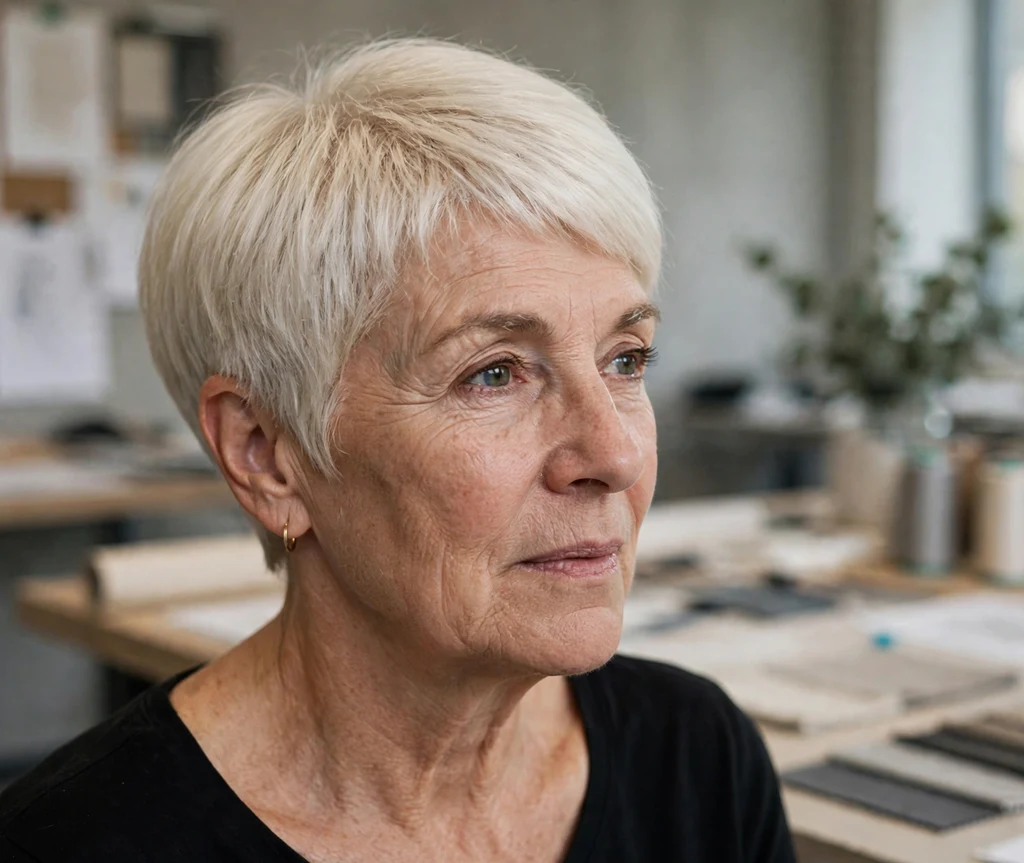 Modern rounded bowl-inspired pixie in platinum blonde on a fashion-forward 54-year-old Caucasian woman in a minimalist black top, design studio