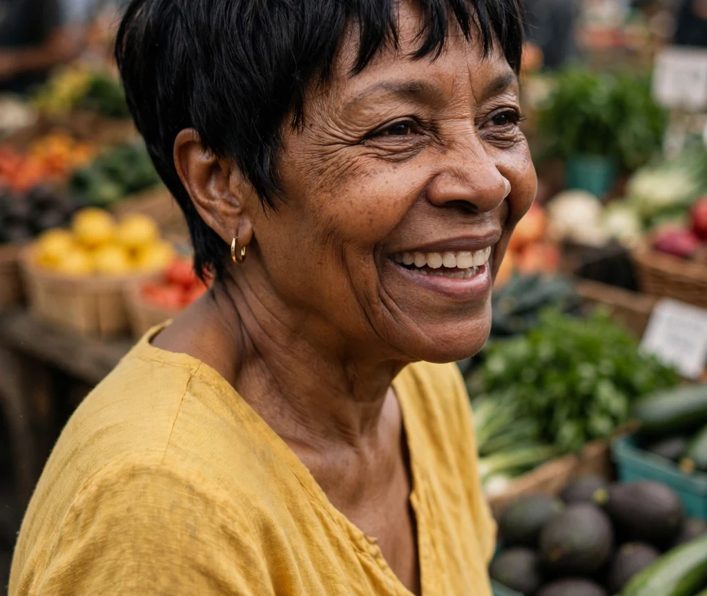 Pixie with a choppy fringe in natural black hair on a fun 56-year-old Black woman in a yellow dress, farmers market