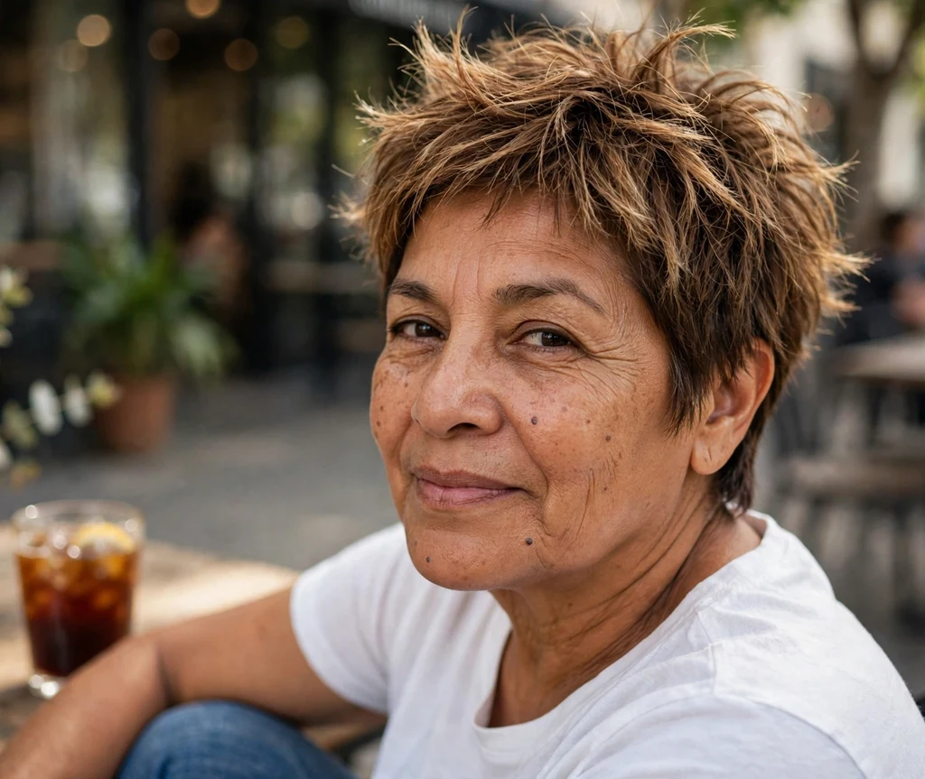 Effortlessly messy bedhead pixie, brown hair with sun-kissed ends, on a relaxed 53-year-old Latina woman in a white tee and jeans, coffee shop patio