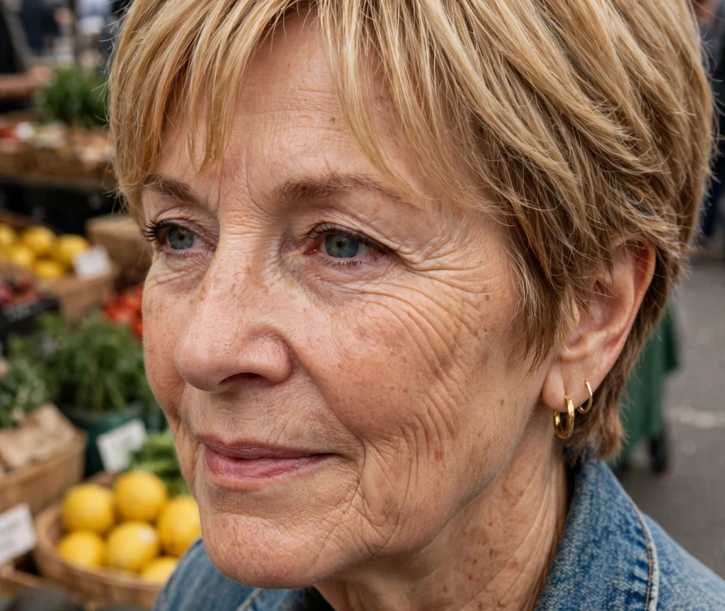 Pixie with a soft curtain fringe parted in the middle, honey-blonde hair, on a stylish 55-year-old Caucasian woman in a denim jacket, outdoor market
