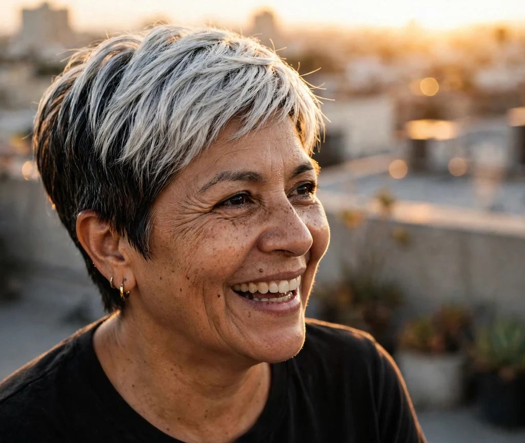 Two-tone pixie with a dark base and striking silver top layer on a daring 52-year-old Latina woman in a black top, rooftop at golden hour