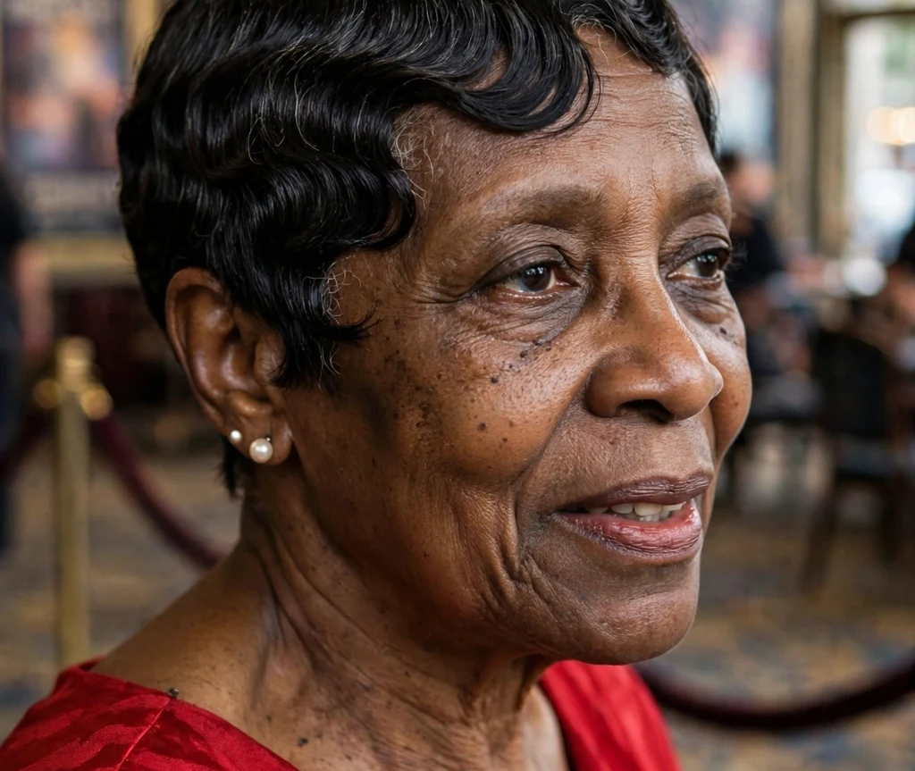 Vintage finger wave pixie with sculpted 1920s-style waves and pearl earrings on a glamorous 60-year-old Black woman in a red dress, theater lobby