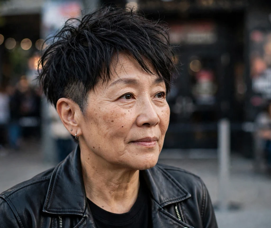 Tousled pixie with closely undercut sides and a textured top on a cool 53-year-old East Asian woman in a black leather jacket, outside a concert venue