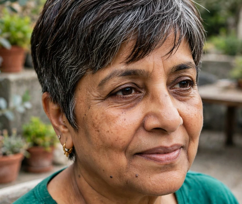 Pixie with graduated tapered bangs sweeping softly across the forehead, silver-streaked dark hair, on a refined 57-year-old South Asian woman in an emerald top, garden terrace