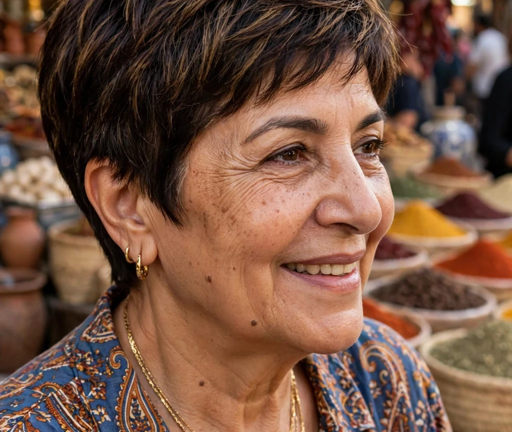 Deep brown pixie with rich dimensional lowlights and gold jewelry on a radiant 59-year-old Middle Eastern woman in a patterned blouse, bazaar