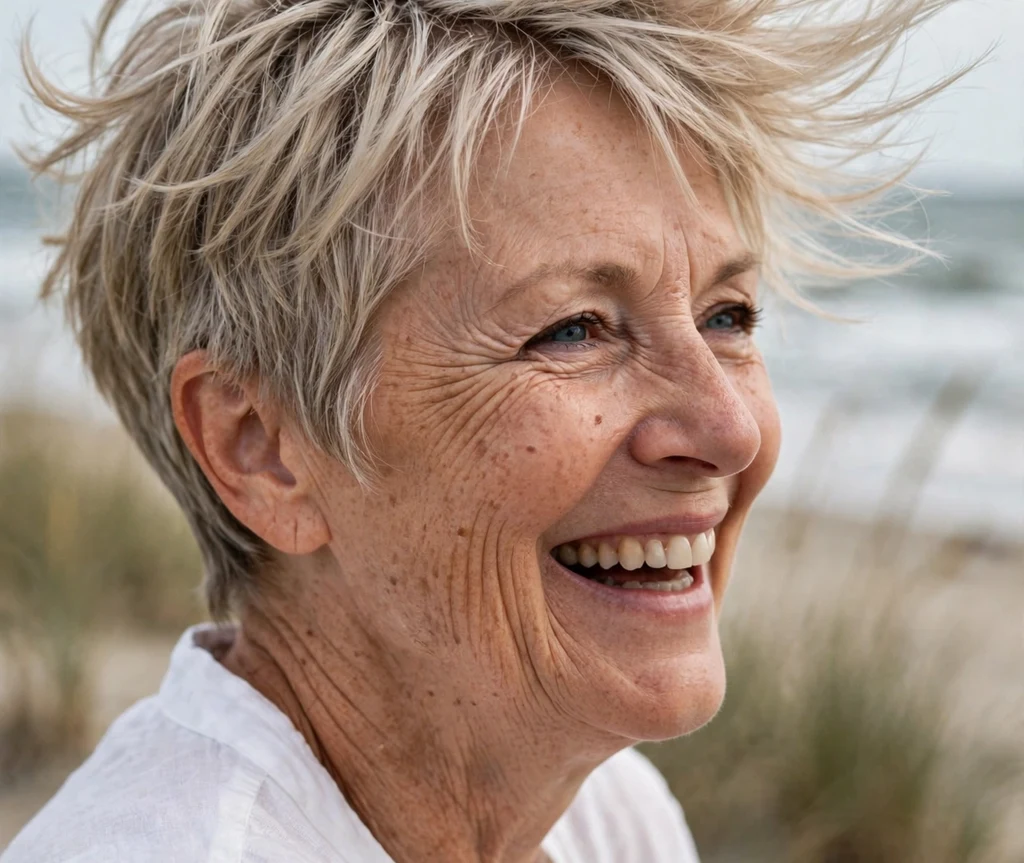 Windswept ash-blonde pixie with hair lifting naturally in the breeze on a carefree 54-year-old Caucasian woman in a white blouse, beach