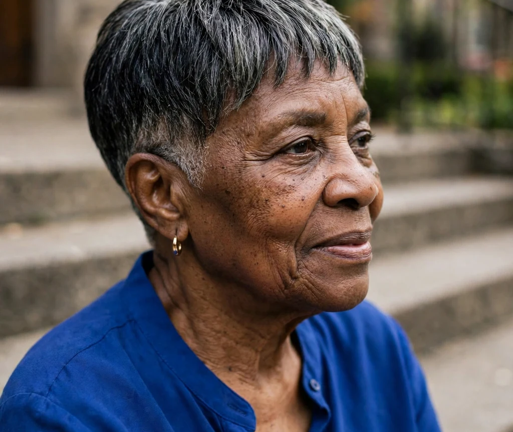 Classic tapered pixie with silver flecks and closely tapered sides on a dignified 62-year-old Black woman in a royal blue blouse, church steps
