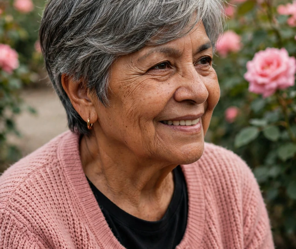 Soft layered gray pixie with a side-swept fringe on a kind 66-year-old Latina woman in a rose cardigan, rose garden