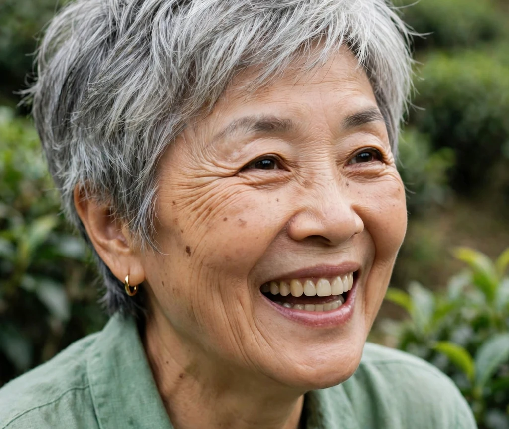 Textured tousled silver pixie with piece-y layers on a bright 63-year-old East Asian woman in a jade top, tea garden