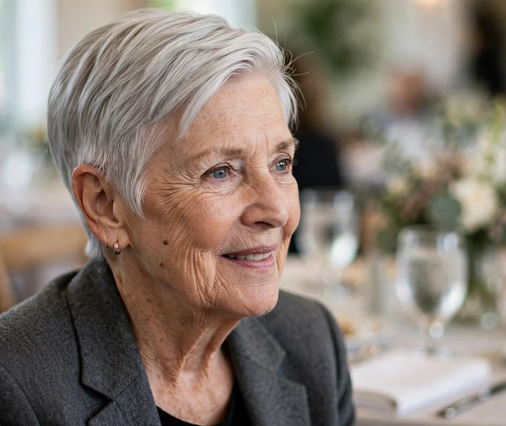 Sleek silver pixie with a sharp side part on a polished 68-year-old Caucasian woman in a charcoal blazer, charity luncheon