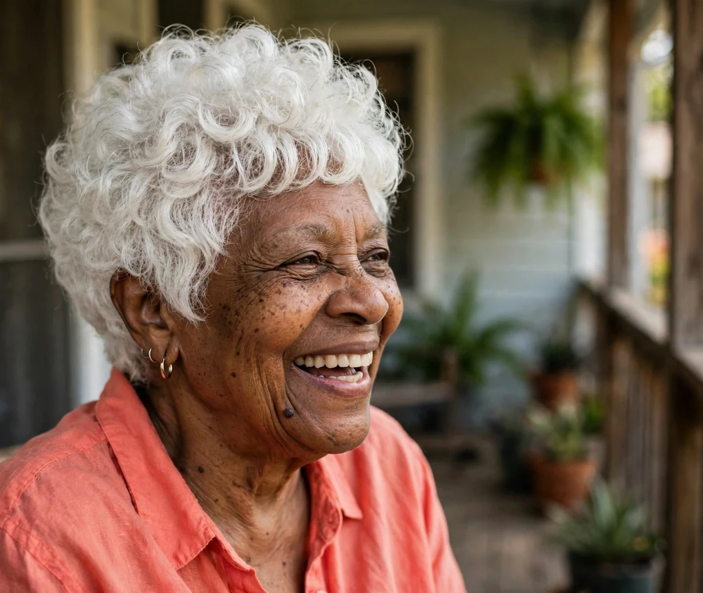 Voluminous curly white pixie in a rounded shape on a joyful 64-year-old Black woman in a coral blouse, front porch