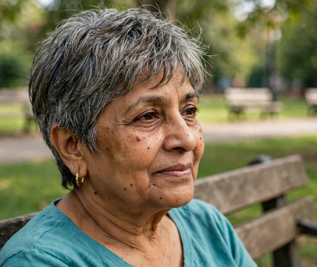 Feathered salt-and-pepper pixie with wispy bangs on a graceful 61-year-old South Asian woman in a teal top, park bench